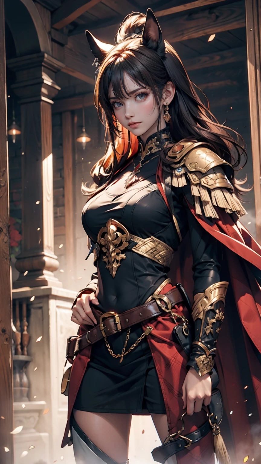 Portrait of a female warrior standing in front of a horse, Assassin&#39;s Creed Games, Photorealistic, Post-apocalyptic、24-year-old female、Sexy proportions、Sexy breastature female body、Long eyelashes、Narrow waist、Thin limbs