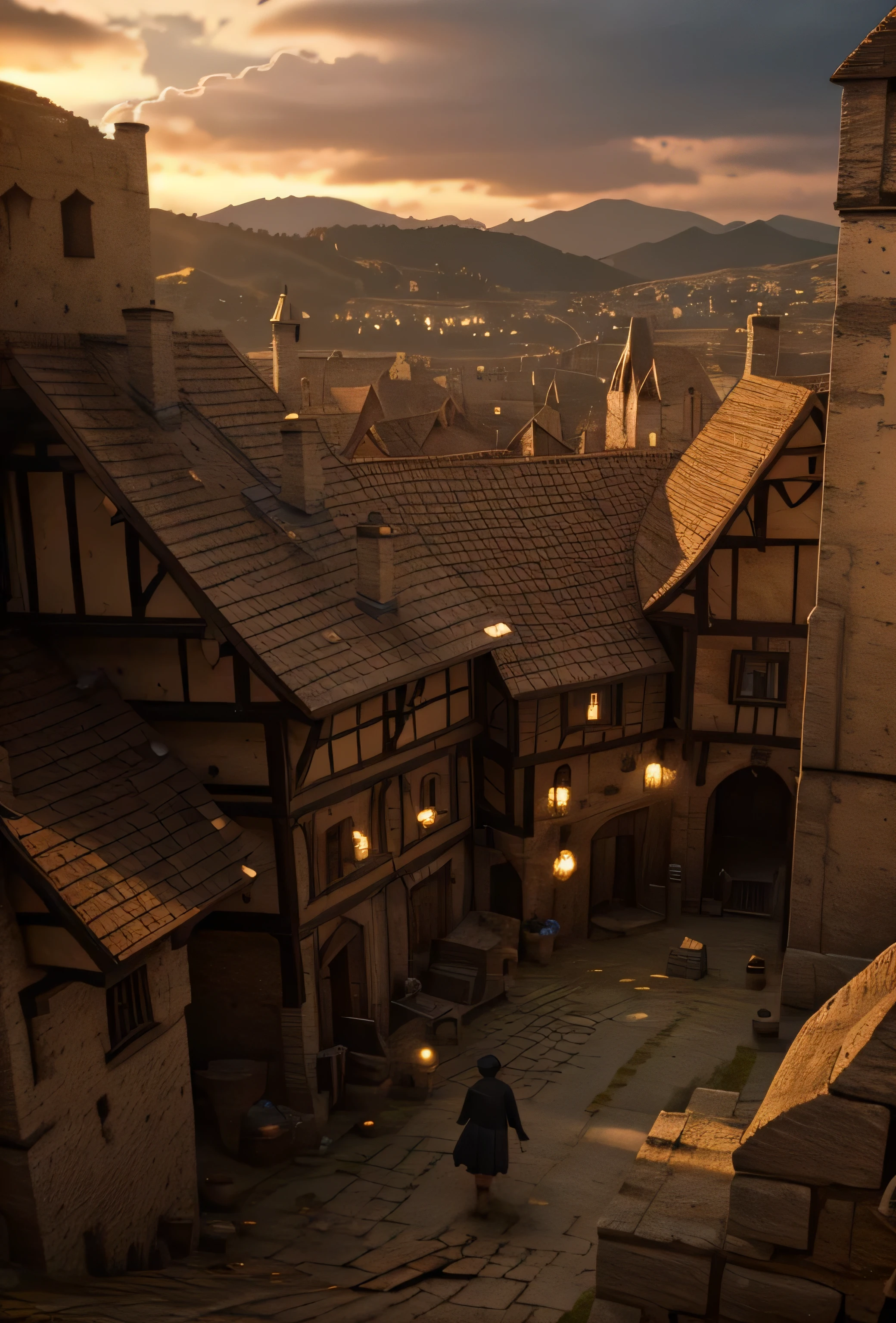 a medieval town at sunset, crumbling castle walls, dilapidated buildings, scattered rubble:1.2, medieval soldiers looting, broken wagon, woman being attacked, crows flying, rising smoke, dramatic lighting, muted color palette, cinematic composition, dramatic landscape, detailed textures, gritty realism, masterpiece