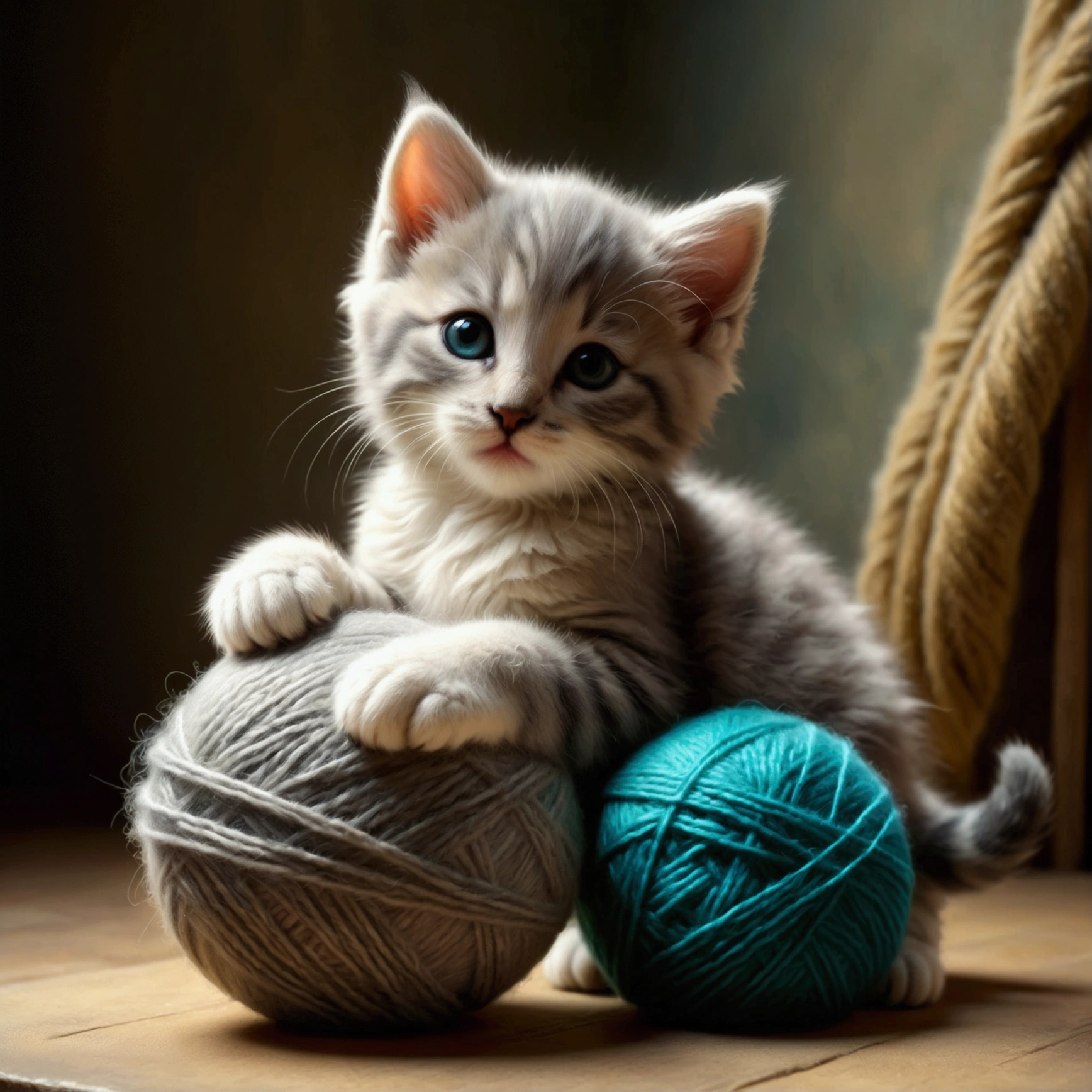 Cute kitten hugging a ball of yarn,photograph,The kitten is obsessed with balls of yarn,A dreamlike and lovely sight,Happiness,Fluffy cat,Fluffy ball of yarn, stone＝Art by Auguste Renoir and Jeremy Mann, (Viewpoint angle:1.2), Realistic, Ray Tracing, Beautiful lighting,masterpiece