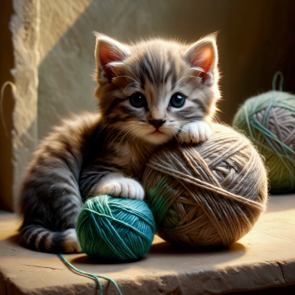 Cute kitten hugging a ball of yarn,photograph,The kitten is obsessed with balls of yarn,A dreamlike and lovely sight,Happiness,Fluffy cat,Fluffy ball of yarn, stone＝Art by Auguste Renoir and Jeremy Mann, (Viewpoint angle:1.2), Realistic, Ray Tracing, Beautiful lighting,masterpiece