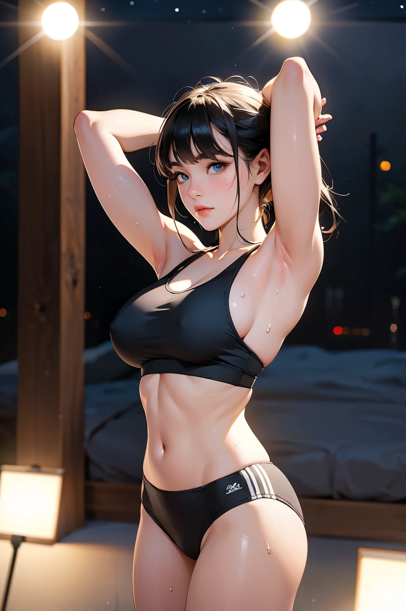 Adorable , Gorgeous , Beautiful , Russian Baby Face , (Large Colossal Breasts) , 30 Years Old , White Skin , (wearing sport bra ; 1.1) ,(very sweaty body, arms up, sweet armpits, detailed armpits) , Front Facing , Potrait ,((hit by spotlight: 1.4)) ((Muscles:1.1)) , Long Hair Bangs , Blue Eye , , ((Night:1.3)) , Standing, (full body shoot) , HDR , Ultra Detailed , EF 24-70mm f/2.8L II USM