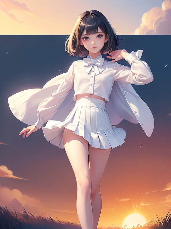 (masterpiece、Highest quality:1.7)、(12 years old:1.5)、(Full body shot:1.5)、Bobcut、Black Hair、85mm、16K、Official Art、RAW Photos、Best Beautiful Faces、Close-up、Violet、Gardenia、((The best beautiful girl、very cute))、Red blush on cheeks、((In the office))、(Are standing:1.8)、Film Grain、Chromatic Aberration、Sharp Focus、(((Nice hands、Perfect hands、Perfect Fingers、Thin and delicate fingers、A perfect body without flaws)))、Detailed face、(Slender body:1.5)、(Slender body:1.3)、(Slim upper body:1.2)、(Small and flat bust:1.7)、(Narrow thighs:1.3)、(Let your bangs hang down:1.8)、(Blushing:1.8)、(Low contrast lighting:1.4)、(襟t付きのwhiteタイトビジネスシルクブラウス:1.5)、((white)Bowtie blouse:1.5)、(Long sleeve: 1.4)、(The length is very short(white)Pleated silk mini skirt:1.7)、(whiteスクールソックス:1.5),(Cover your chest with your palms:1.7),(The wind is blowing up her skirt:1.8),(Low angle from below:1.6)