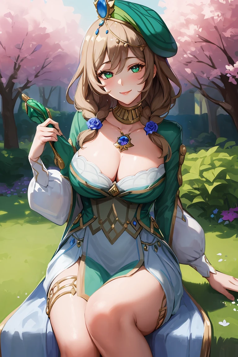 (masterpiece), lisasobriquet, seductive, smile, dressed as Cinderella, in a garden full of flowers, detailed eyes, perfect face