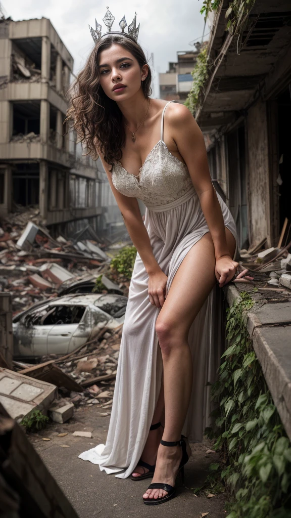 A beautiful European women, queen, Leaning forward, bending over, full body, from above, an overhead shot, wearing torn dress, long dress, bone crown, grey sky, Post-Apocalyptic city, lianas, trees, vines. She is 24 years old, has black hair, long hair, curly hair and black eyes. Her cloth is stylish and her overall appearance is stunning. The girl's face is extremely detailed with beautifully detailed lips. Her skin is anatomically correct with realistic textures. The image should have super high details and be of the best quality, with a resolution of 8K. The final result should be a masterpiece, showcasing the girl's beauty and the vibrant atmosphere of The destroyed Post-Apocalyptic city, grey sky, lightnings, destroyed buildings