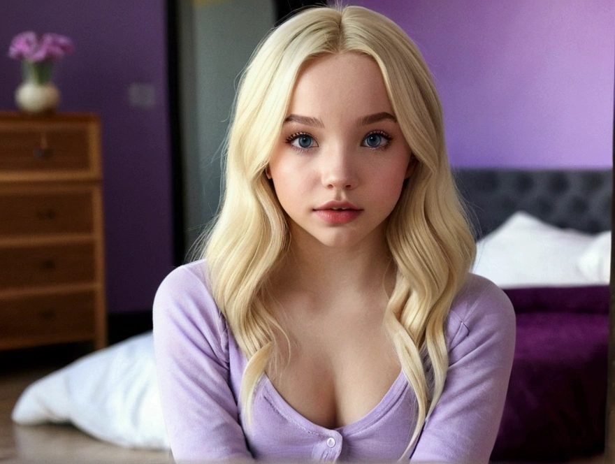 Arafed Woman totally , Sexy girl with purple eyes is, ultra realistic, meticulously detailed, Portrait Sophia Carson, blonde hair and big eyes, selfie of a young woman, bedroom eyes, Dove Cameron, without makeup, Natural makeup, looking directly at the camera, face with artgram, subtle makeup, Stunning full body photo kneeling in the gym, In the bedroom, Medium to large bust
