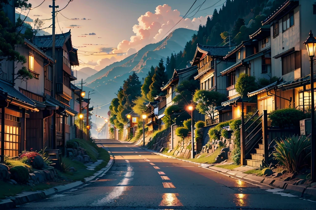 Straight road through hilly area, There is a street lamp on the side. At night ,Chillout、City