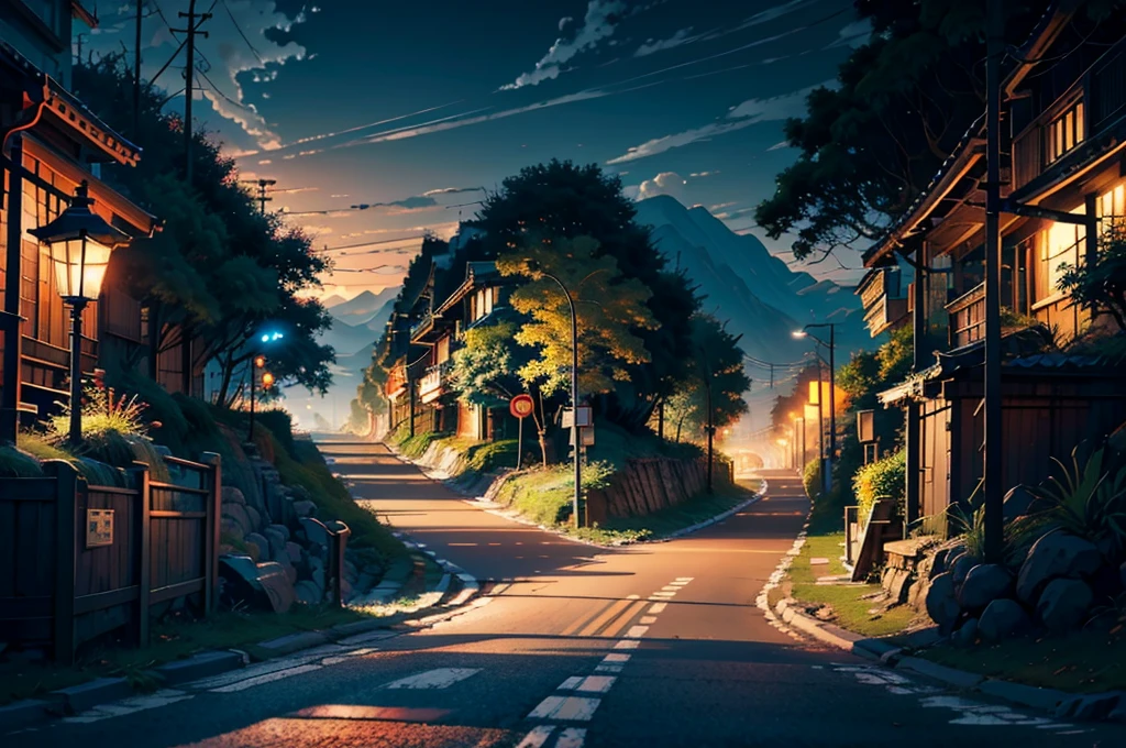 Straight road through hilly area, There is a street lamp on the side. At night ,Chillout、City