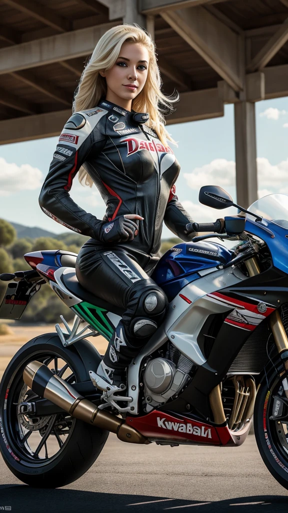 beautiful blonde, 25 year old, American woman, motorcycle racing outfit, Daredevils, realistic, 8k, koda photo, photo realistic, slim body, fit, large breast, riding kawasaki superbike