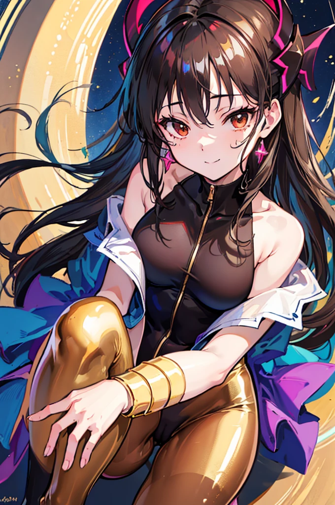 Highest quality Highest quality Draw a face carefully High-definition anime-style face Super Glowing Skin Long black hair Brown leotard Golden pantyhose Succubus lure smile squat Show the soles of your feet Close up of the soles of the feet