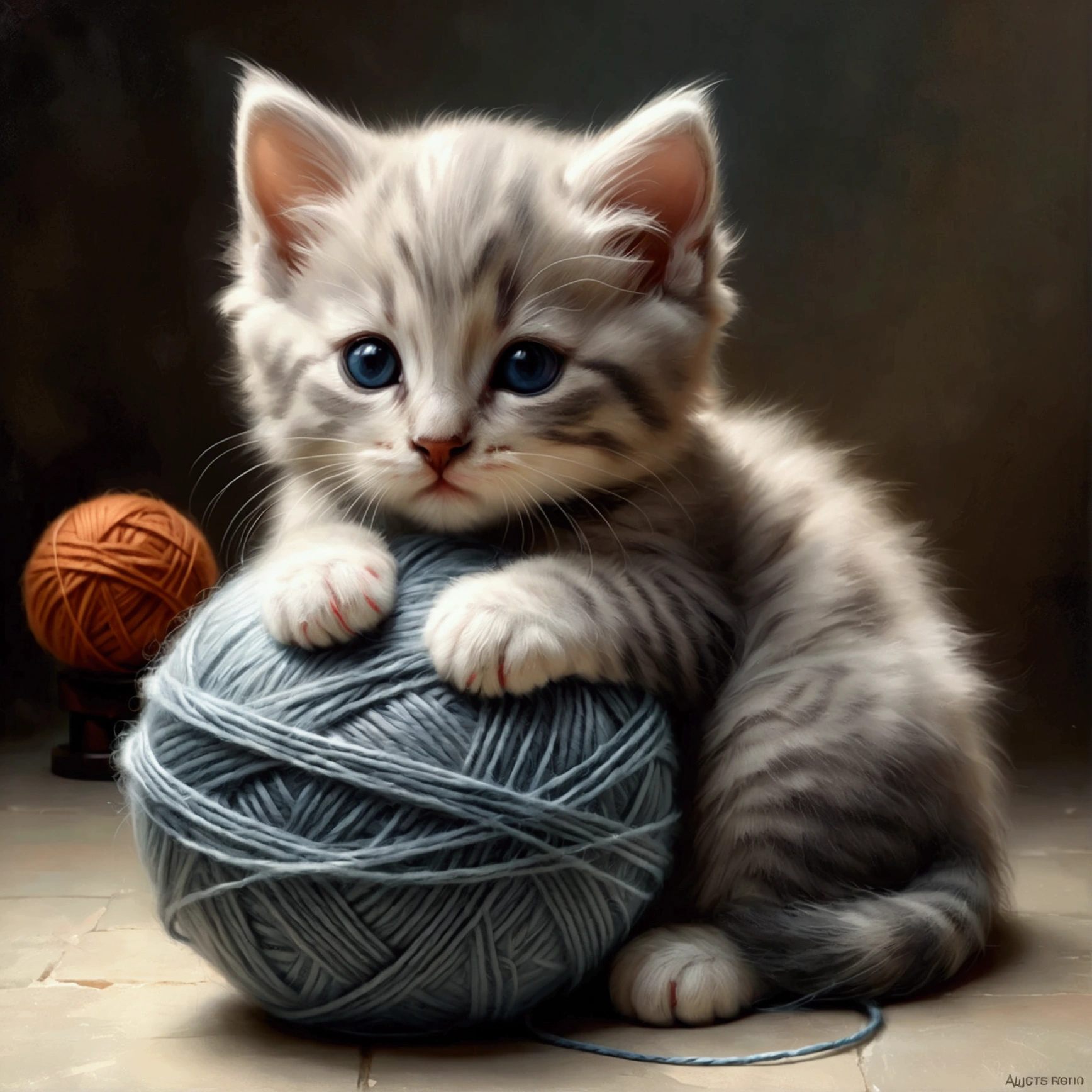 Cute kitten hugging a ball of yarn,photograph,The kitten is obsessed with balls of yarn,A dreamlike and lovely sight,Happiness,Fluffy cat,Fluffy ball of yarn, stone＝Art by Auguste Renoir and Jeremy Mann, (Viewpoint angle:1.2), Realistic, Ray Tracing, Beautiful lighting,masterpiece