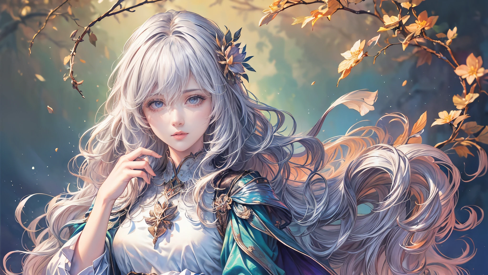 (Highest quality,8k,CG,Beautiful details upper body,lonely,Thumb Girl,Floral Background,Complex facial features,Long flowing hair,Almond-shaped eyes,Exquisite eye makeup,Long, fluttering eyelashes,Big, bright eyes,Starry sky,Elegant lip detail,gentle style)