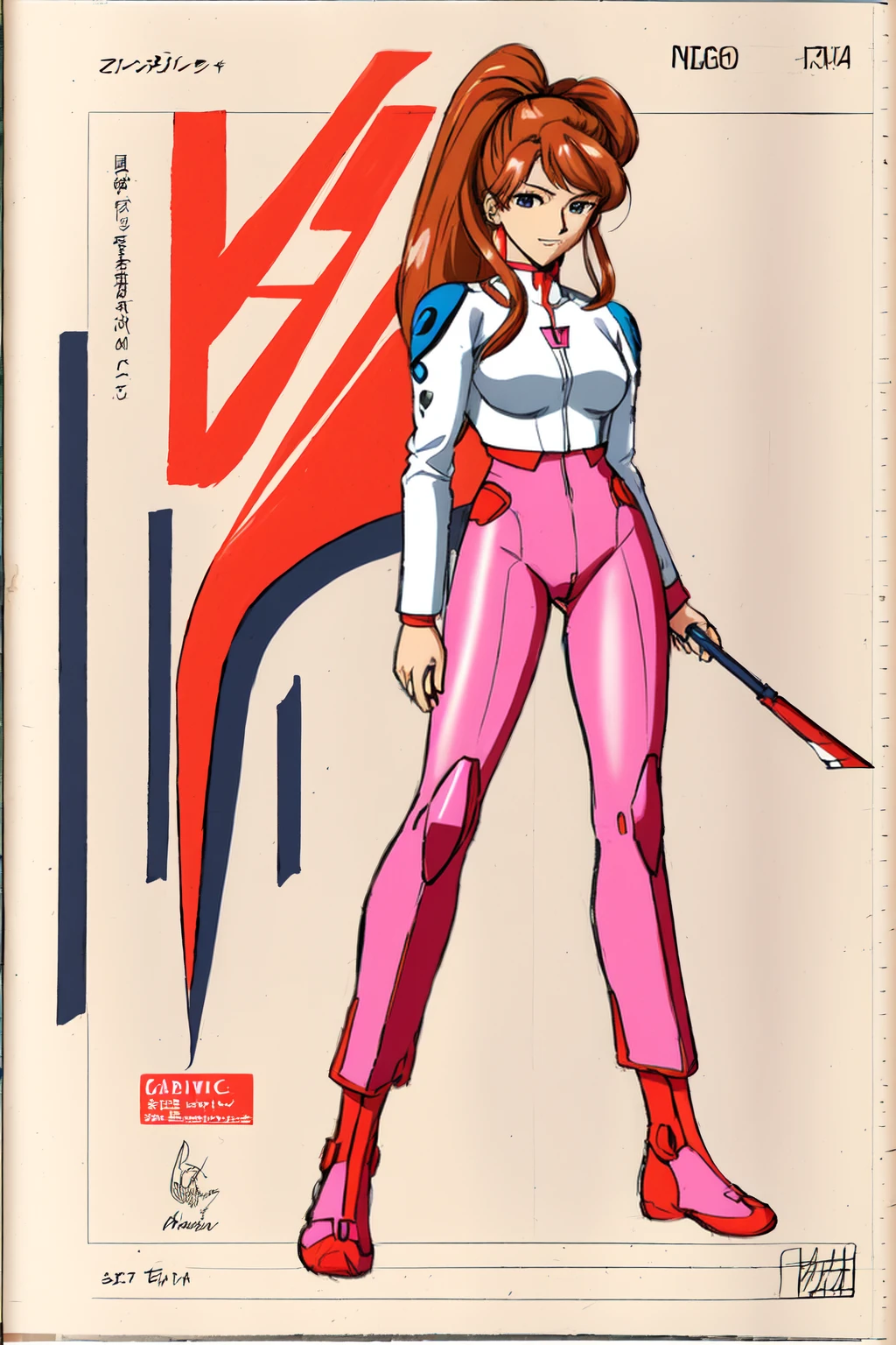a drawing of a woman in a red suit with a helmet, full body zenkai! asuka suit, inspired by Leiko Ikemura, anya from spy x family, gainax anime style, inspired by Hiromu Arakawa, inspired by Ikuo Hirayama, asuka suit under clothes!, high quality colored sketch, beautiful asuka from evangelion