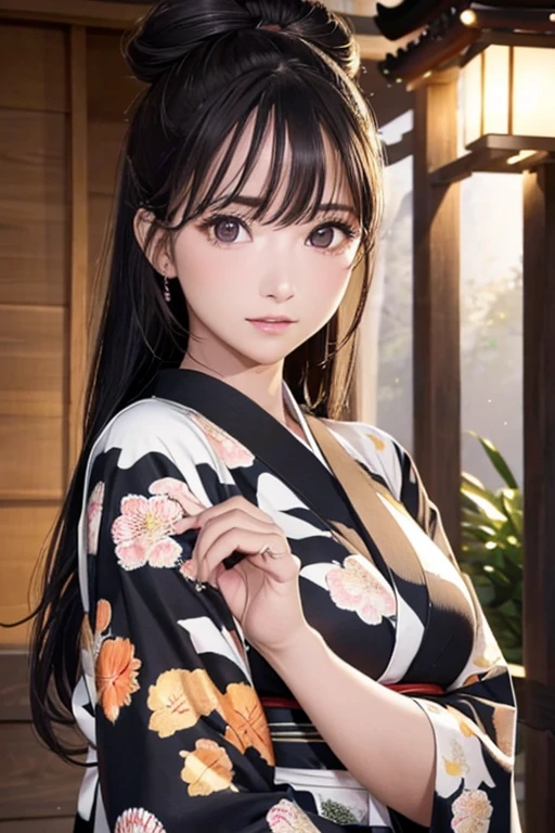 (Official Art、Highest quality、Unity 8k wallpaper、masterpiece、Ultra-high resolution)、Slender、Ample breasts、Black hair in a Japanese round topknot、Highly detailed background、Beautiful girl in yukata、(Highly detailed face and eyes、Beautiful Face、Beautiful Eyes、Beautiful nose、Pretty lips)、A friendly gaze、Japanese garden、Cowboy Shot、moonlight、Autumn scenery、