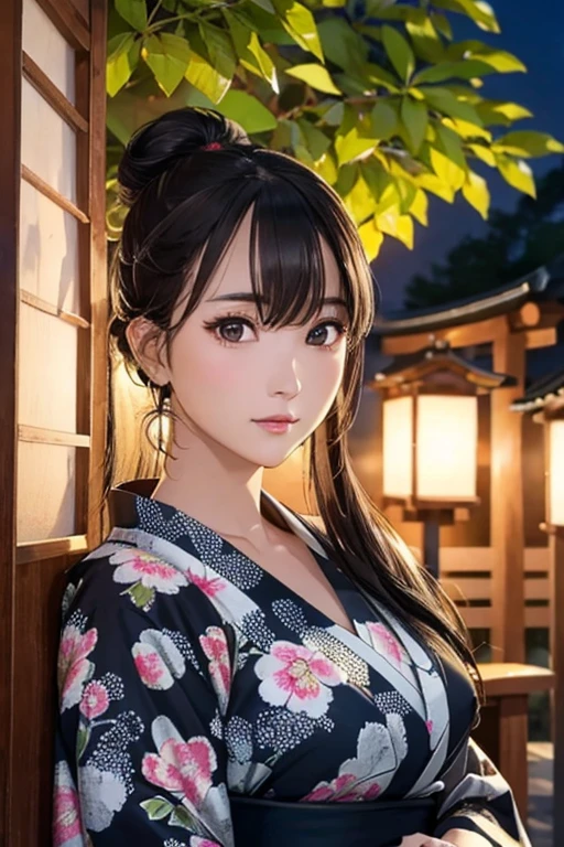 (Official Art、Highest quality、Unity 8k wallpaper、masterpiece、Ultra-high resolution)、Slender、Ample breasts、Black hair in a Japanese round topknot、Highly detailed background、Beautiful girl in yukata、(Highly detailed face and eyes、Beautiful Face、Beautiful Eyes、Beautiful nose、Pretty lips)、A friendly gaze、Japanese garden、Cowboy Shot、moonlight、Autumn scenery、