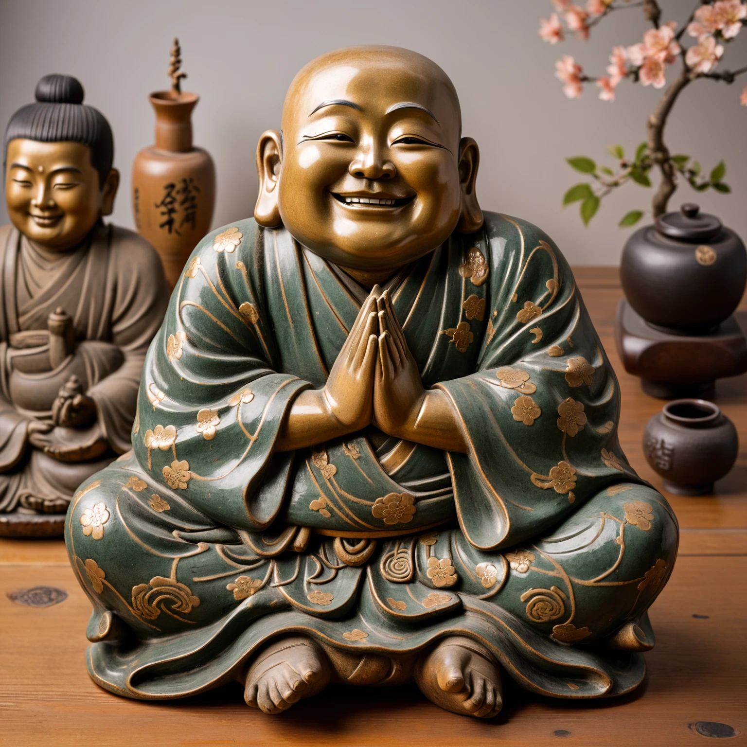 Close-up of a statue of a smiling man with his hands folded, Japanese God, Hotei is on the table, Ancient Japanese monks, Ceramic statue, Studio photo of a ceramic figure, finance, Written by Kano Tan'yū, Inspired by Sesshu Toyo, God of Wealth, Ukiyo-e sculpture,The background is a gold temple,in the forest