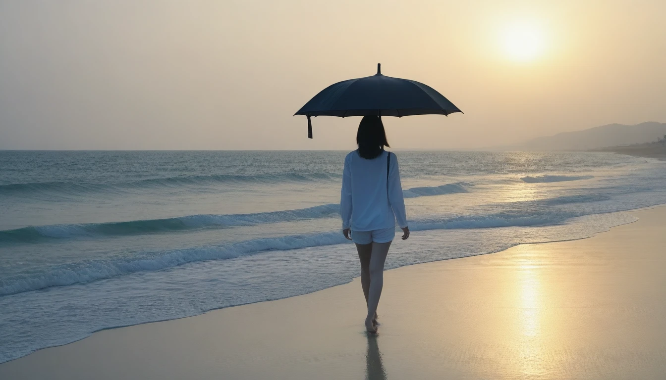 8k, Vivid picture quality, Vivid picture quality, long deserted beach, walking slowly from afar, short medium hair, beautiful appearance, Model-like body, sunset의 붉은 빛, sunset, alone, afternoon, depressed, tide가 밀려온다, rain, black umbrella, ocean, tide, wind, rain가 내리는, Short and slim Korean woman, tower, White shorts, rain가 내리는, walking on the beach with a black umbrella
