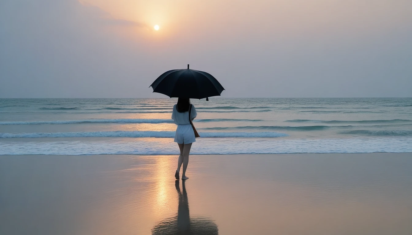 8k, Vivid picture quality, Vivid picture quality, long deserted beach, walking slowly from afar, short medium hair, beautiful appearance, Model-like body, sunset의 붉은 빛, sunset, alone, afternoon, depressed, tide가 밀려온다, rain, black umbrella, ocean, tide, wind, rain가 내리는, Short and slim Korean woman, tower, White shorts, rain가 내리는, walking on the beach with a black umbrella