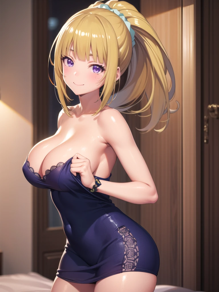 keikaruizawa, kei karuizawa, Long Hair, bangs, blunt bangs, (Purple eyes:1.1), Blonde, hair ornaments, ponytail, Scrunchie, blue Scrunchie, smile,, Silk pajama set, break looking at viewer, (Cowboy Shot:1.5), break (masterpiece:1.2), Highest quality, High resolution, unity 8k wallpaper, (figure:0.8), (Beautiful attention to detail:1.6), Highly detailed face, Perfect lighting, Highly detailed CG, (Perfect hands, Perfect Anatomy), , (3D Face:1.1), (Shiny skin:1.5), (超High resolution intricate face details), (Facial skin pores:1.3), 超High resolution cloth texture, 大きなsmile、Blushing、Open your mouth, Showing off her perfect legs, Swayback stance:1.5, armpit:1.6, arms behind back, mansion bedroom, In the middle of the night, Moonlight, Sitting on the bed, Huge breasts