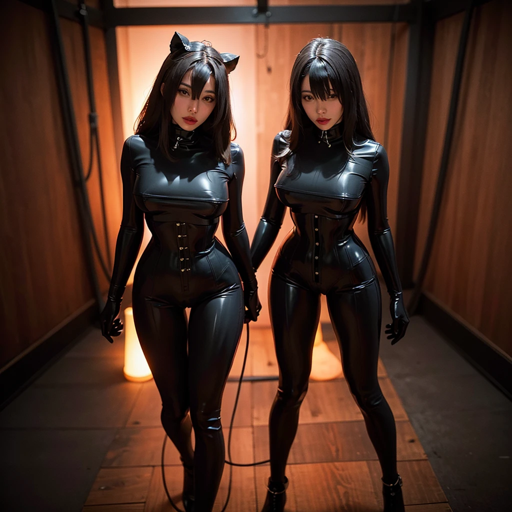 A very beautiful and well-proportioned woman alone, Black latex underwear and tights、Wearing a latex face mask. A dark room with only red neon lights. Very realistic. Good quality, 8k