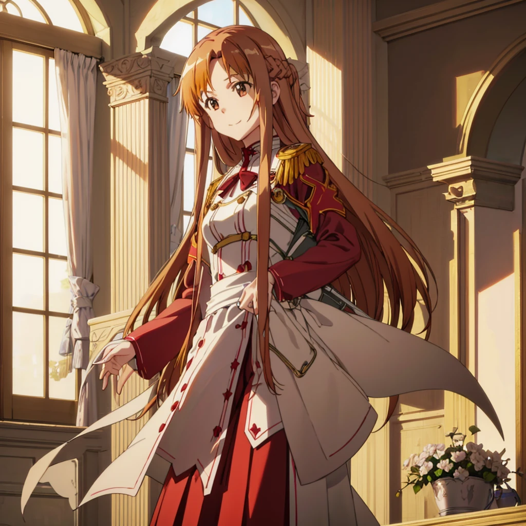 Highest quality, masterpiece, detailed,Asuna, alone, Mouth closed, A light smile, Brown Hair, Brown eyes, Long Hair, Hair Ribbon, Saint Best, Red Shirt, No sleeve, Needle, Epaulettes, White ribbon, Black Skirt, Are standing, Looking at the audience, indoor
