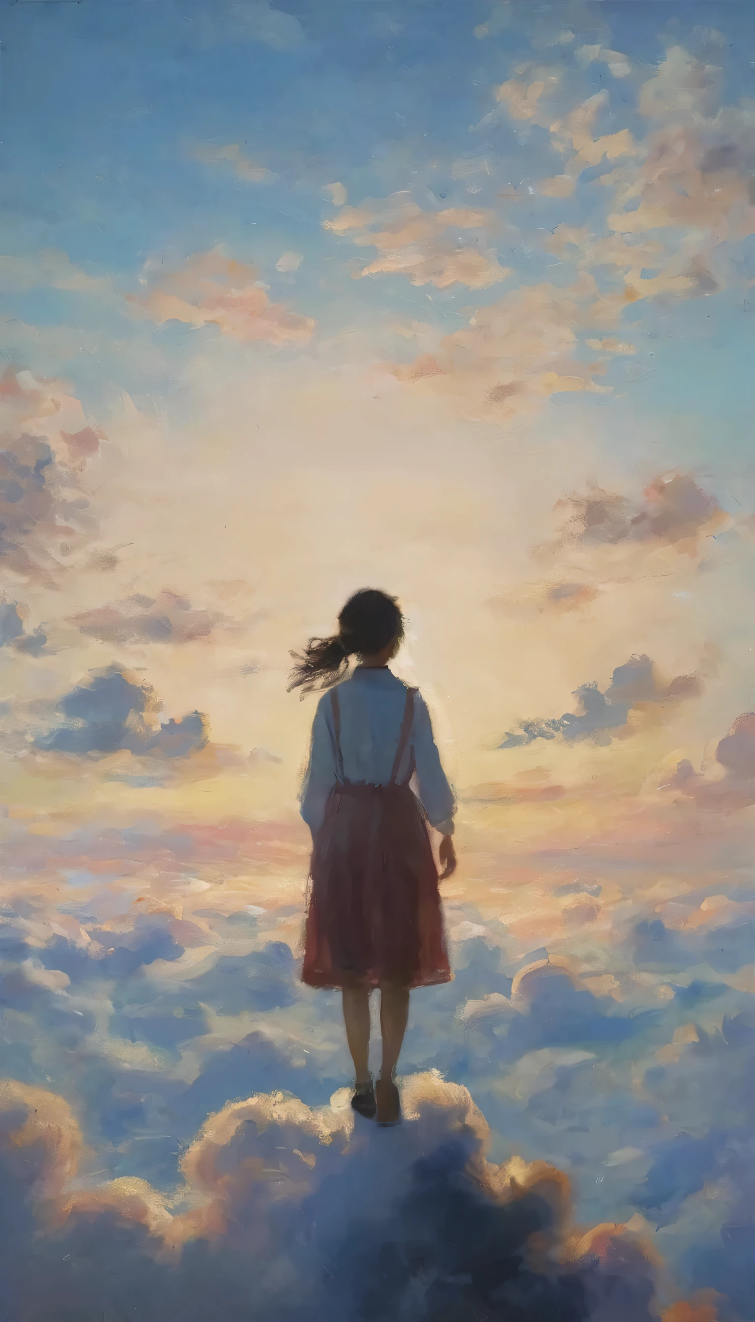 (View from above the clouds:1.6), Girl Flying in the Sky、Beautiful Face、(Oil pastels:1.4), Mad Paint、Dark blue sky、White cumulonimbus cloud、Masterpiece、Highest quality、Golden Ratio、Impressionism、pastel colour、impressionist painting、