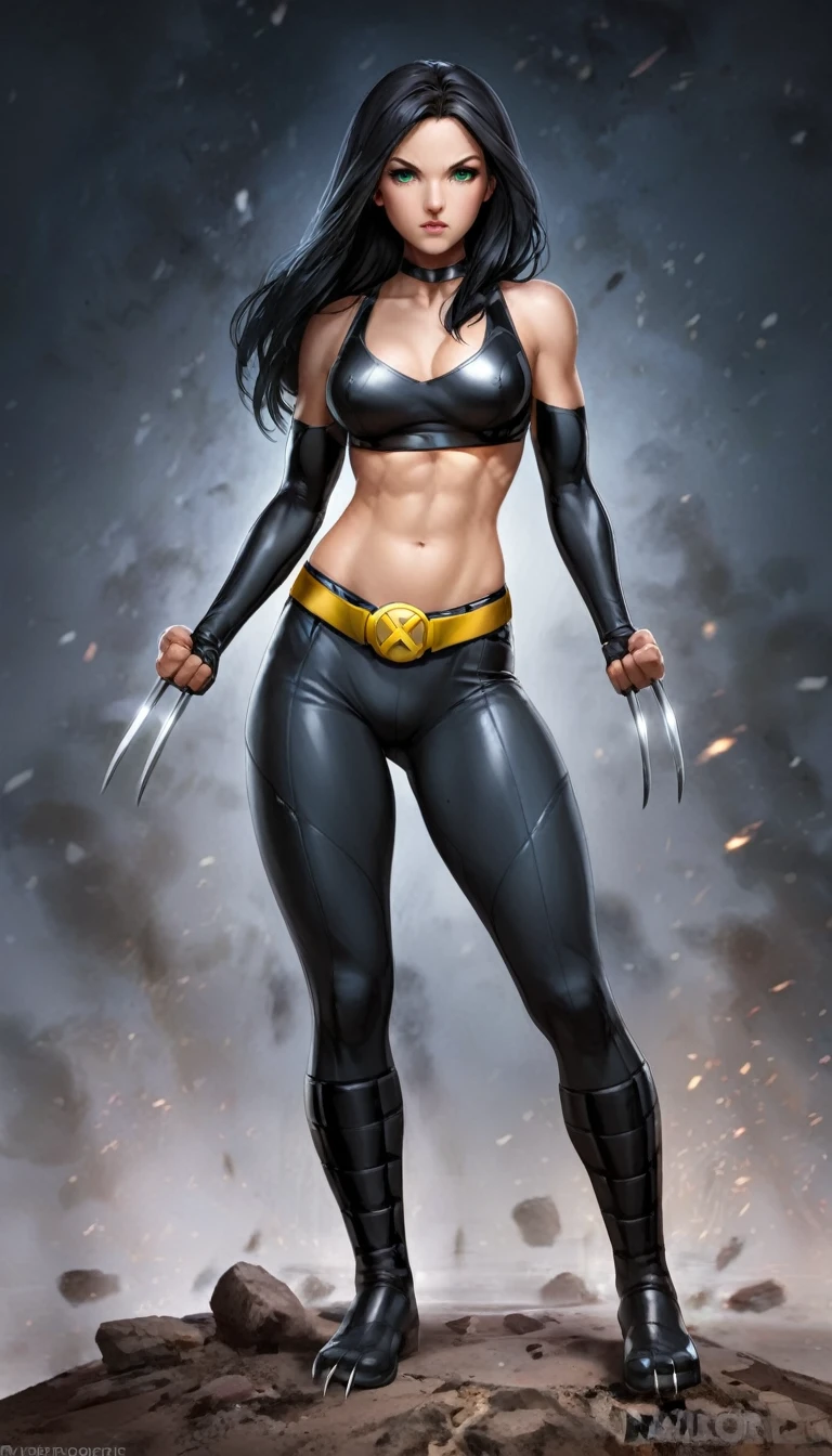 ((Full body shot, standing, feet on the ground))  photo of a beautiful (laura_kinney), (claws), midriff, navel, pants, (abs:0.7), (medium shot), masterpiece, best quality, superhero costume, wolverine, 