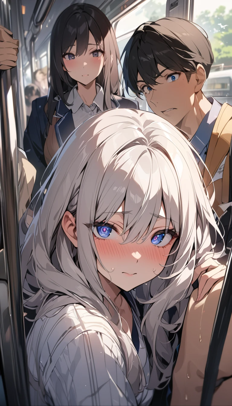 masterpiece, High resolution, perfect face, Japan beauties, 30 years old, beautiful face, in the crowded train, high school student, embarrassed look, look at the camera, (top quality eyes), detailed texture, Look at me, Married woman, cool women, ((high resolution eyes)), hentai face