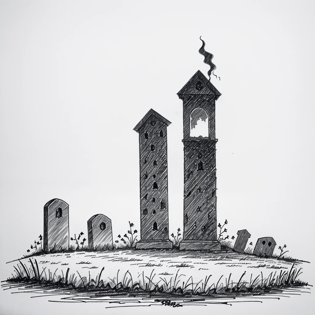 dark scary horror simple cartoon 1980s black and white outline sketch illustration background with ghost,tombstone,wlitch,wood