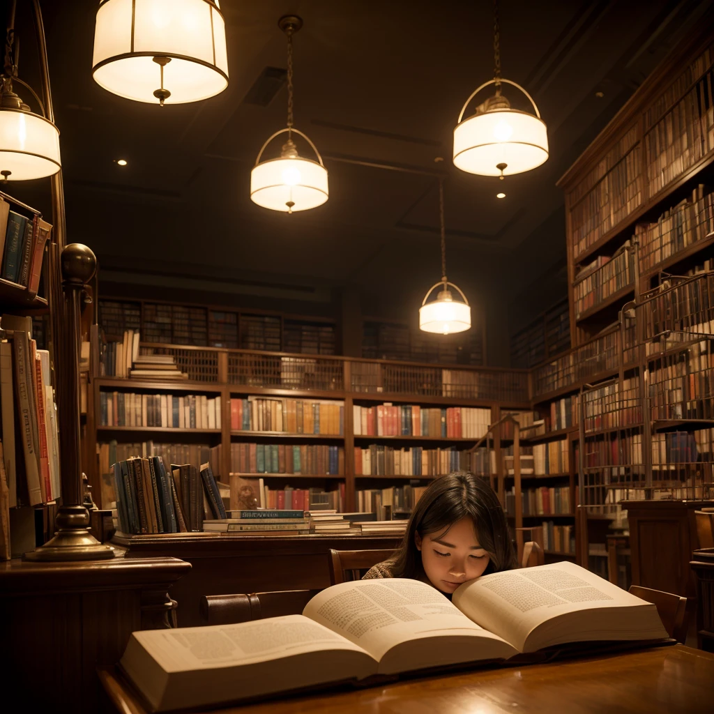 huge library filled with books under dim light, woman reading a book, camera is focused from a distance