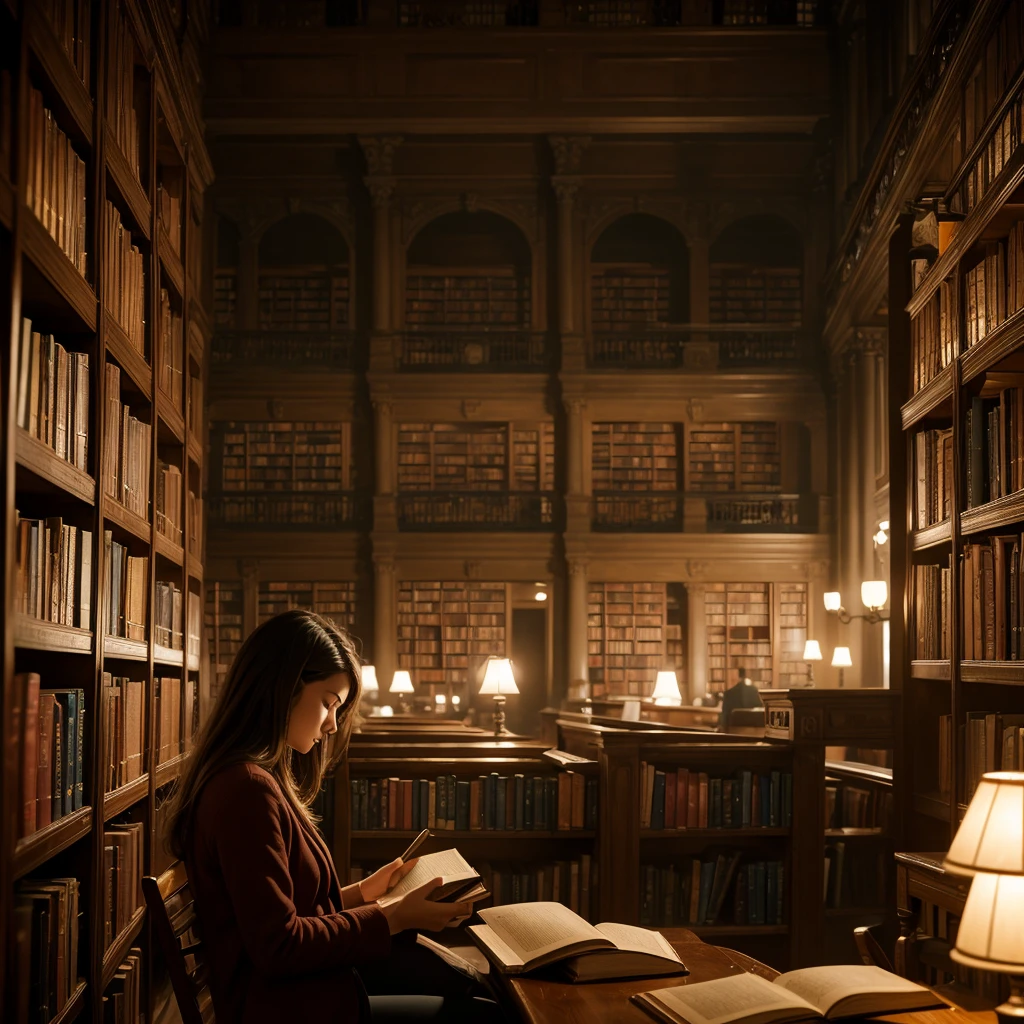 huge library filled with books under dim light, woman reading a book, camera is focused from a distance