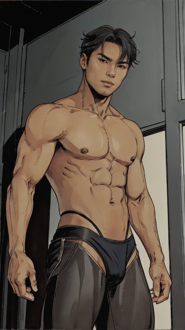 One lean asian men, dark ash brown cool tone, Black Bike micro thong, ash grey hair, he showing off his body, comic artstyle 2D