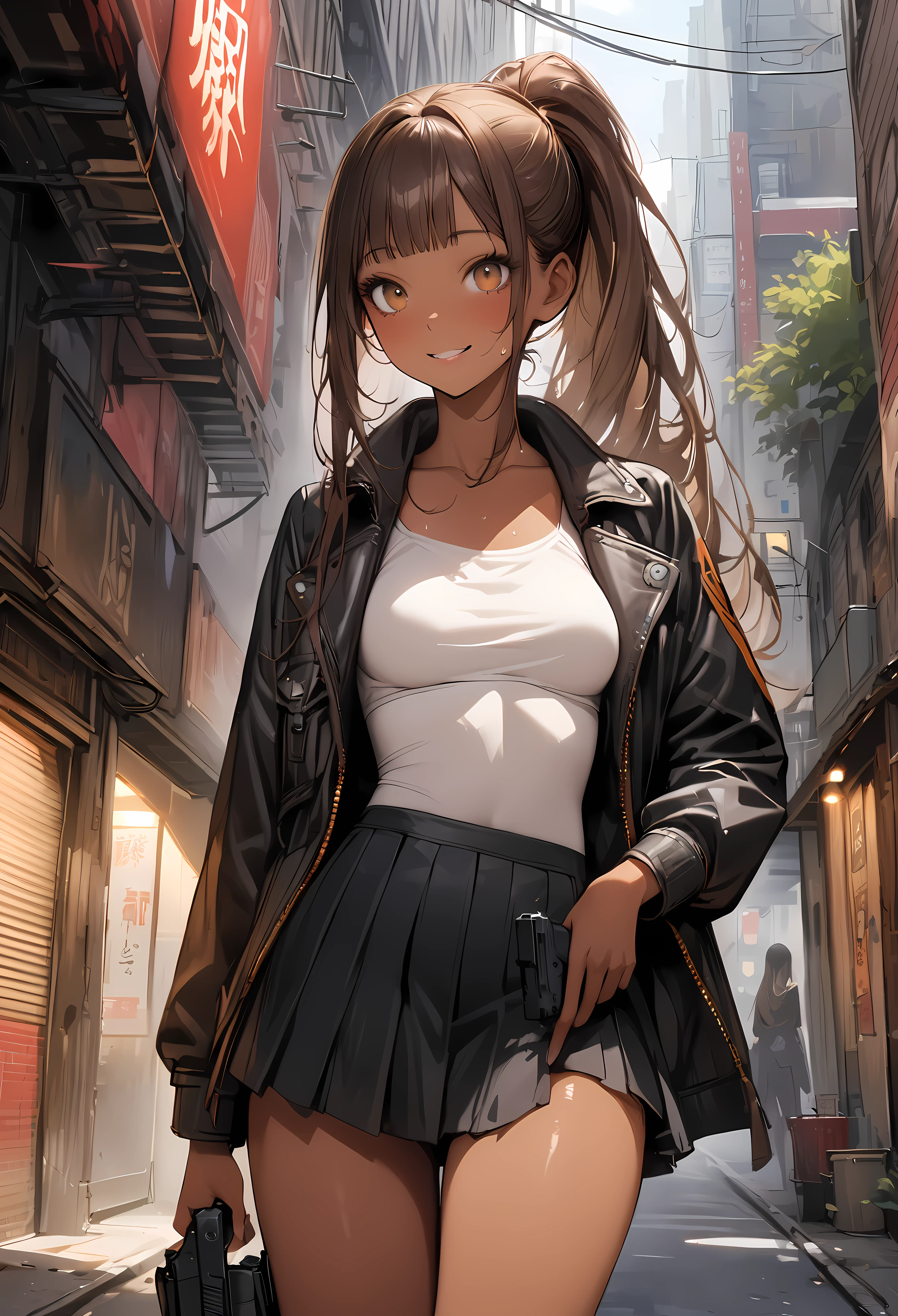 ((masterpiece,Highest quality:1.3,best quality illustration)),(realistic),cowboy shot,solo,1woman,25 year old beauty,brown hair,ponytail hair,long hair,bangs,brown eyes,(gorgeous big eyes),((very small head:1.3)),smile,((very long body:1.2,skinny)),((tan skin:1.4)),medium breasts,Black leather double rider jacket、White tube top shirt、Black pleated skirt、Leg holster、Holding a handgun in your hand,sweat:1.3,gleaming skin,slender body,Back Alley、New York City,