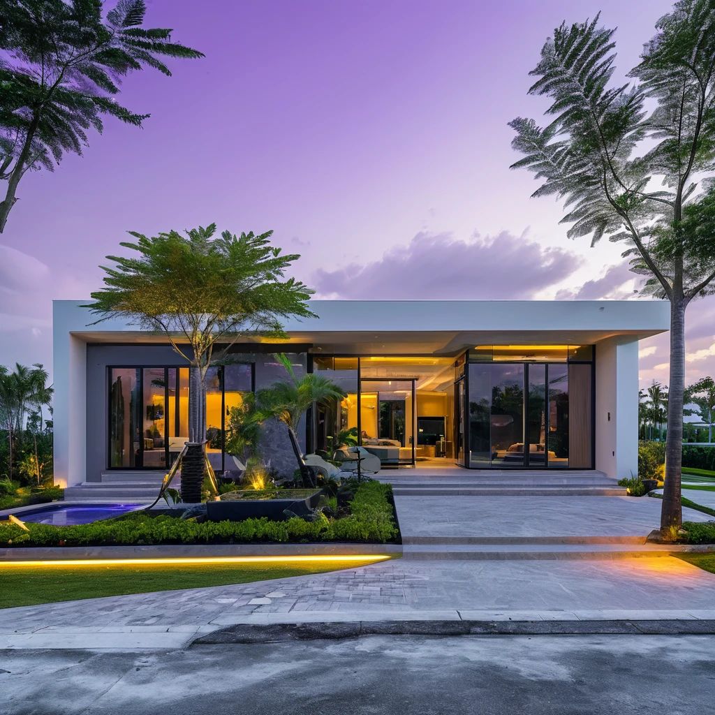a futuristic house with a floresent purple jeep wrangler parked in front of it, cgsocietywlop, beautiful curves, intricate devilish designs, qualia, interesting shapes & form, wow factor, elaborate polished, architectural rendering, miami, orange soft lighting in interior of house, futuristic battlefield, inspired by James E. Brewton, precise architectural rendering