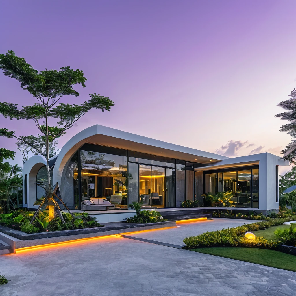 a futuristic house with a floresent purple jeep wrangler parked in front of it, cgsocietywlop, beautiful curves, intricate devilish designs, qualia, interesting shapes & form, wow factor, elaborate polished, architectural rendering, miami, orange soft lighting in interior of house, futuristic battlefield, inspired by James E. Brewton, precise architectural rendering