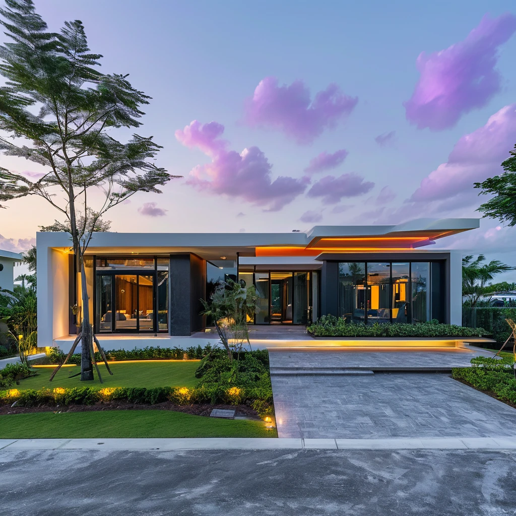 a futuristic house with a floresent purple jeep wrangler parked in front of it, cgsocietywlop, beautiful curves, intricate devilish designs, qualia, interesting shapes & form, wow factor, elaborate polished, architectural rendering, miami, orange soft lighting in interior of house, futuristic battlefield, inspired by James E. Brewton, precise architectural rendering