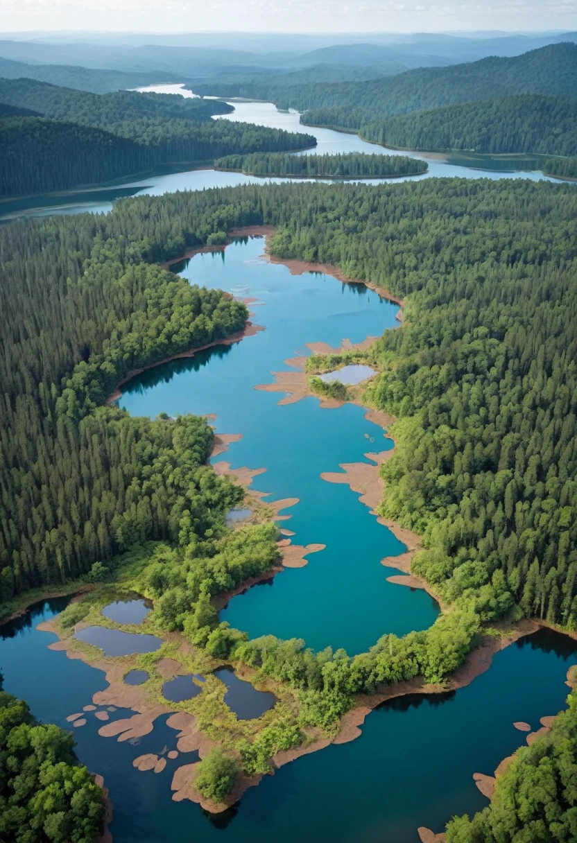 lake in the center, Surrounded by devastated forests and soil