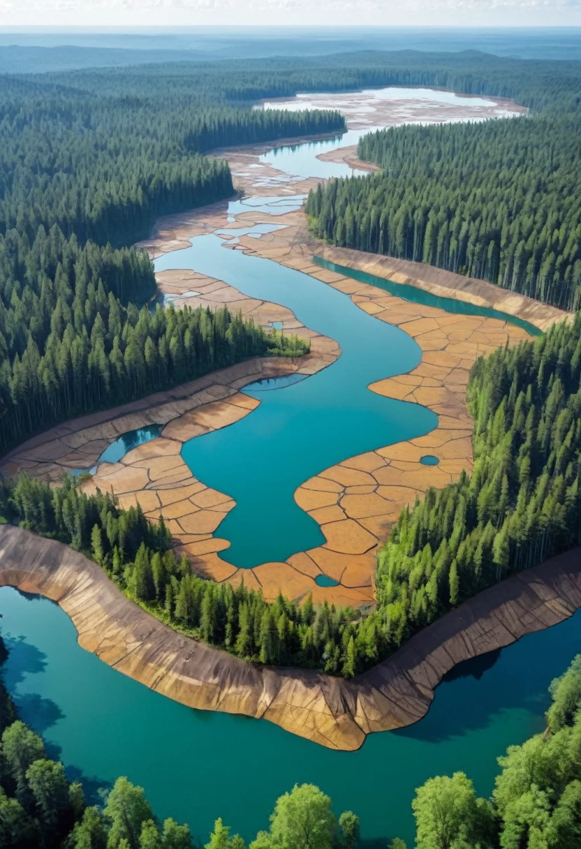 lake in the center, Surrounded by devastated forests and soil