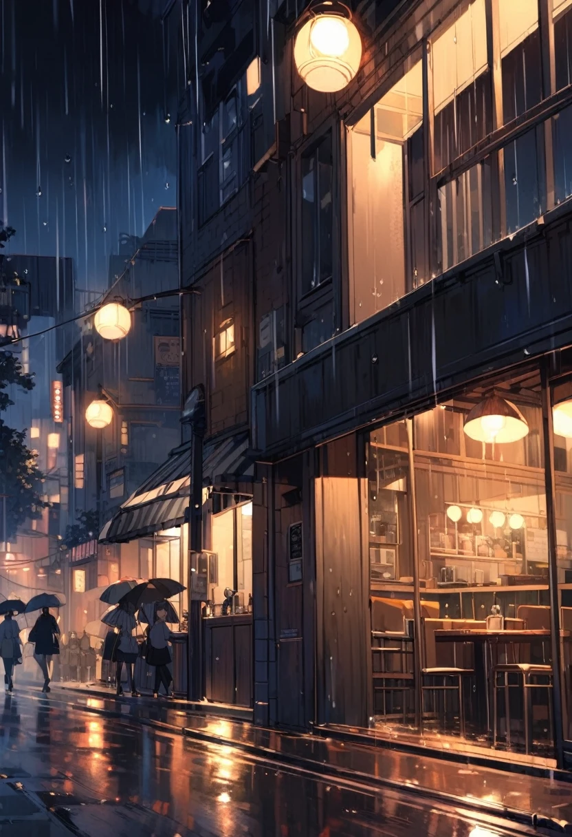 Watching heavy rain falling on a busy street from a cafe window.The time is night