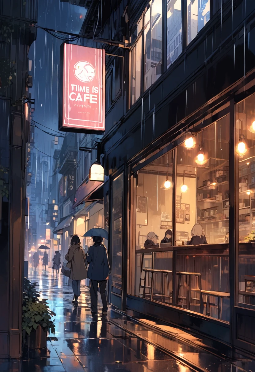 Watching heavy rain falling on a busy street from a cafe window.The time is night