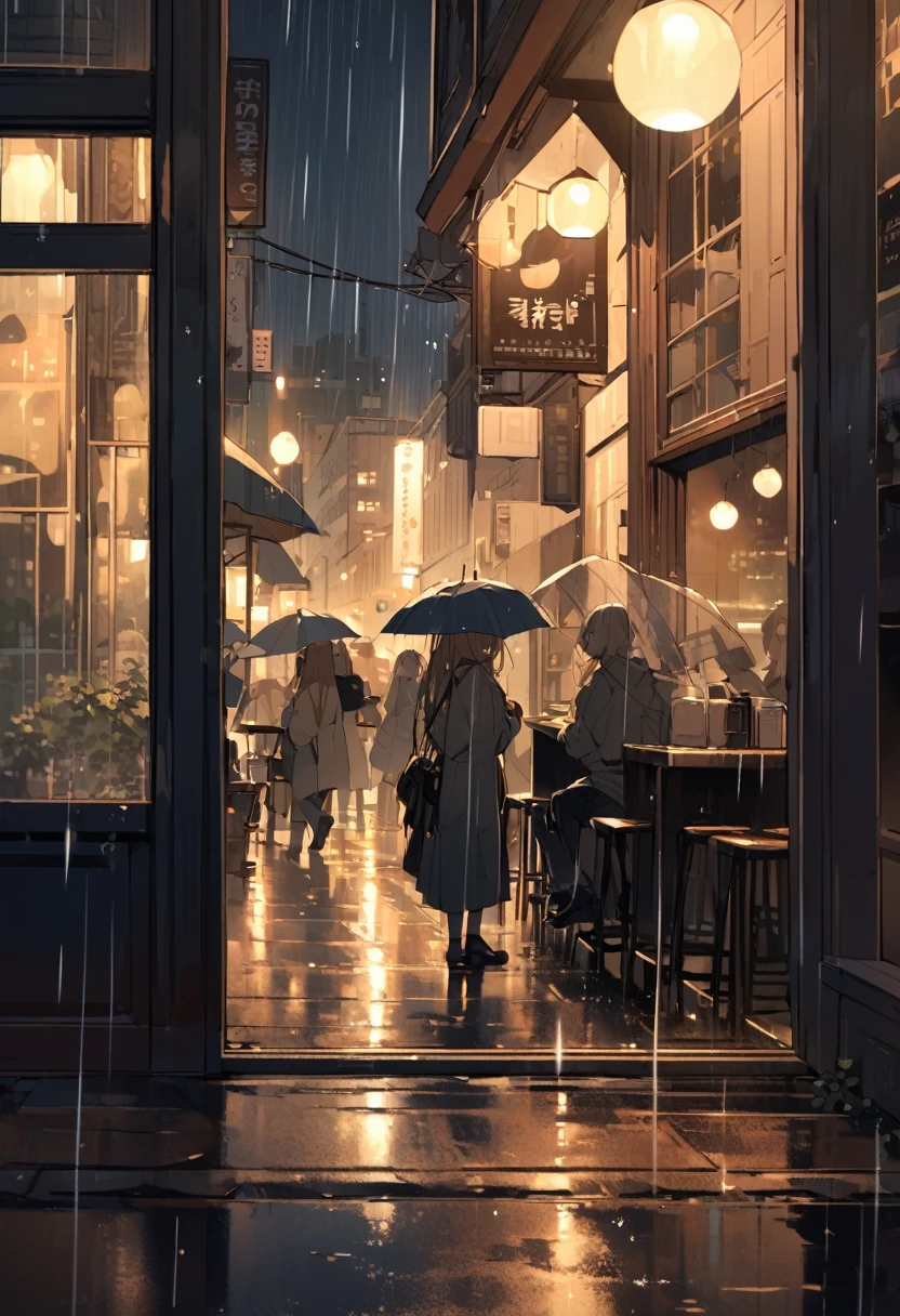 Watching heavy rain falling on a busy street from a cafe window.The time is night