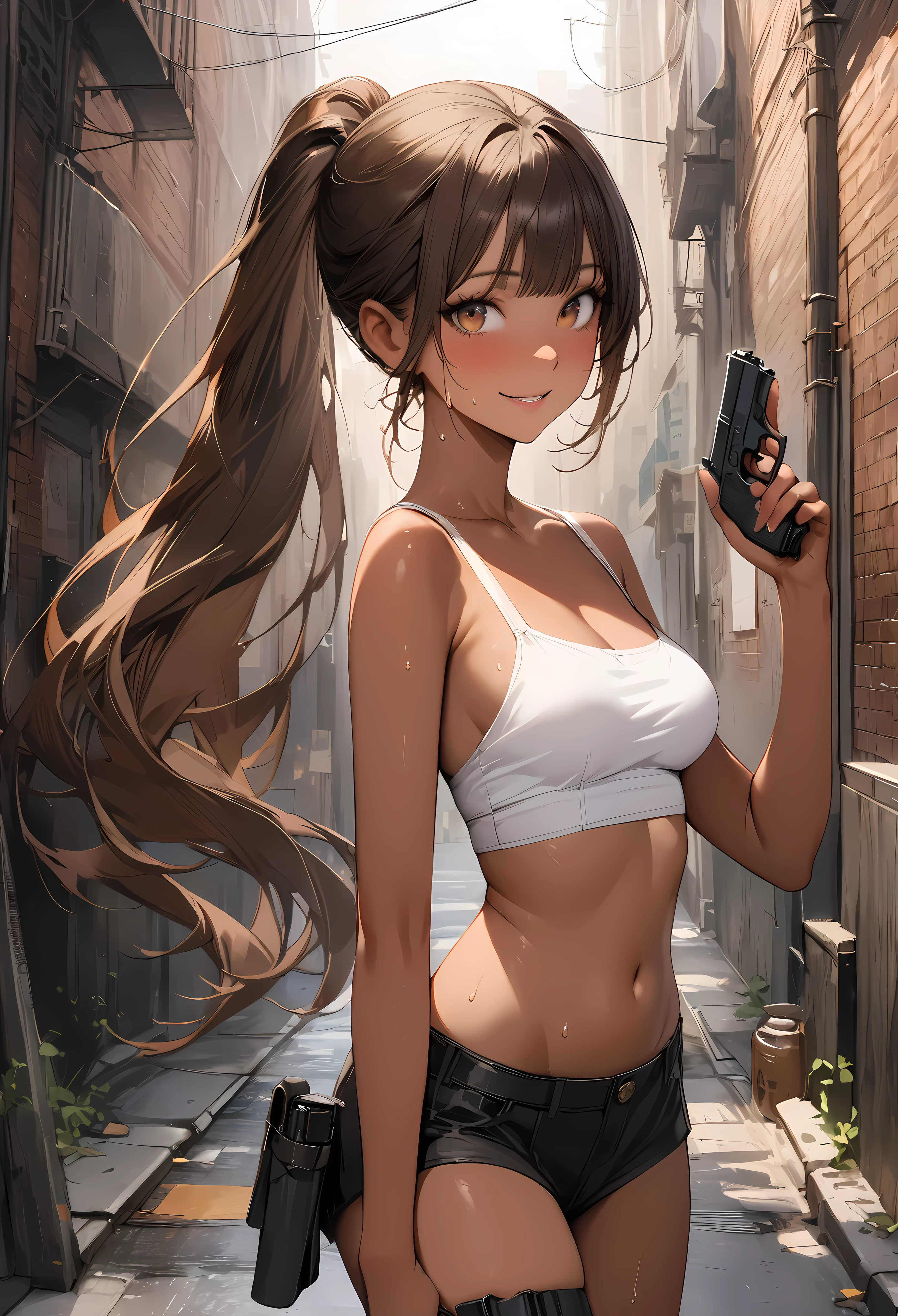 ((masterpiece,Highest quality:1.3,best quality illustration)),(realistic),cowboy shot,solo,1woman,25 year old beauty,brown hair,ponytail hair,long hair,bangs,brown eyes,(gorgeous big eyes),((very small head:1.3)),smile,((very long body:1.2,skinny)),((tan skin:1.4)),medium breasts,Black leather double rider jacket、White tube top shirt、Black pleated skirt、Leg holster、Holding a handgun in your hand,sweat:1.3,gleaming skin,slender body,Back Alley、New York City,