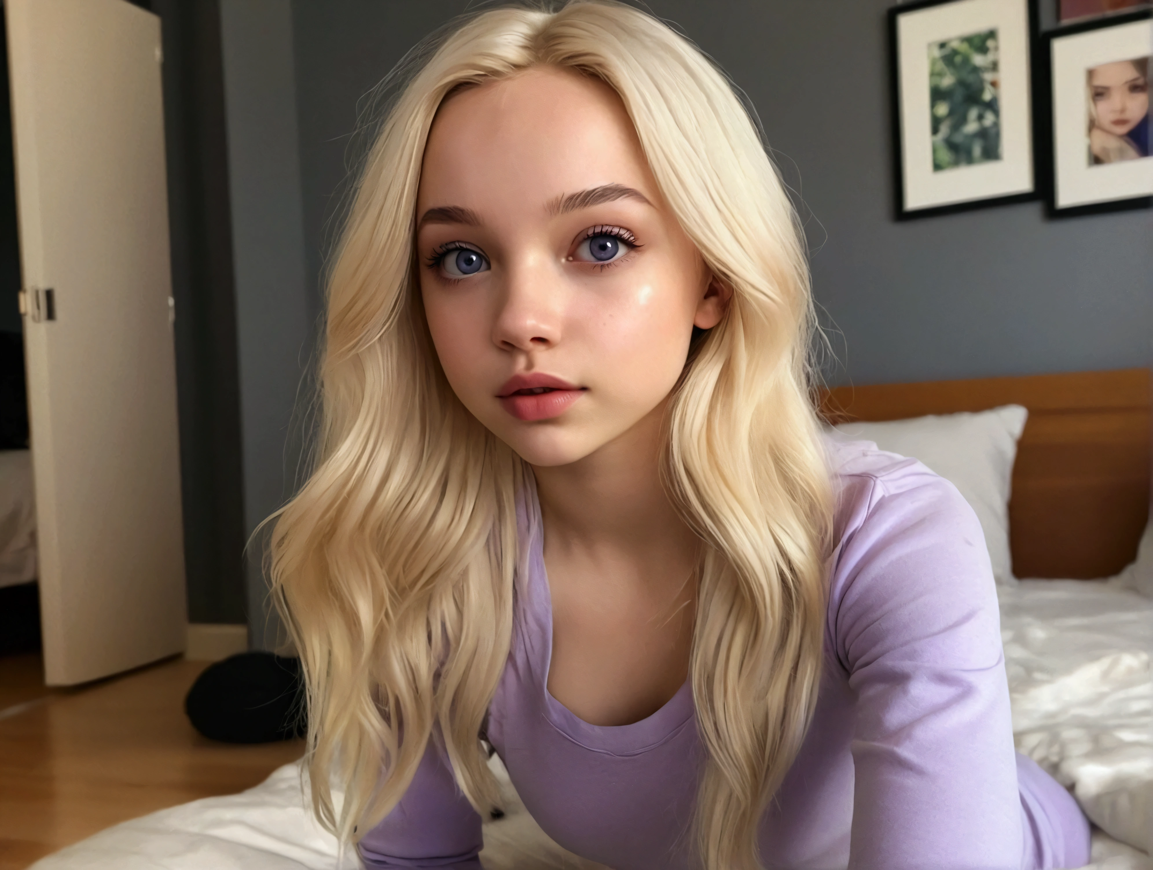 Arafed Woman totally , Sexy girl with purple eyes is, ultra realistic, meticulously detailed, Portrait Sophia Carson, blonde hair and big eyes, selfie of a young woman, bedroom eyes, Dove Cameron, without makeup, Natural makeup, looking directly at the camera, face with artgram, subtle makeup, Stunning full body photo kneeling in the gym, In the bedroom, Medium to large bust