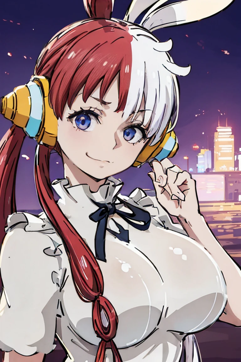 ((Highest quality, 8k, masterpiece:1.3)), Detailed eyes, (View from the front), Looking at the camera, ((Everything is Shining、Reflects light:1.2)), (Optimal ratio: Four fingers, One thumb), (Portraiture), (((One Piece Uta))), 1 Girl, Cute Face, Tilt your head, Half Body Shot, Counter Past, Blushing, smile, Outdoor, city, Expressive eyes, Perfect Face, , uta, Long Hair, Headphones, ribbon, Large Breasts, neck ribbon, Split Color Hair, Hair on one eye, Twin tails, Hair Ring, black ribbon, Are standing,1girl, split-color hair, hair over one eye, red hair, multicolored hair, long hair, purple eyes, two-tone hair, hair rings, headphones, ribbon, white hair, bangs, very long hair, medium breasts, white reverse Bunny, huge smile, ,Reverse Bunnysuit,breasts, 1 girl, meme outfit, bangs, reverse bunny suit,, reverse outfit, heart patty, big tits,