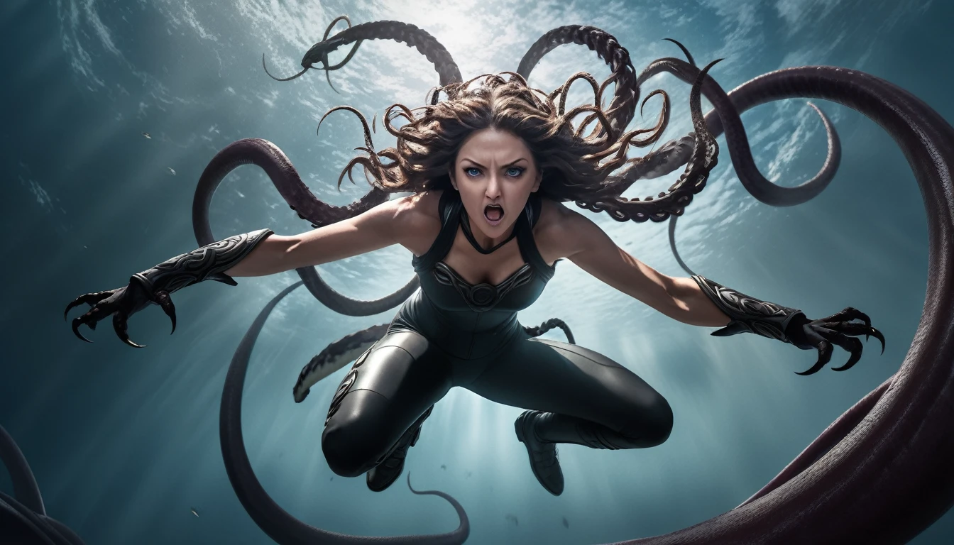 Realistic photos, RAW Photos, Medusa, attacks viewer, Powerful movements, jump on prey, ((Dynamic jump)), Sharp Claws, Medusa approaching from above, sudden approach, Bad-tempered, dynamic Shot from grand