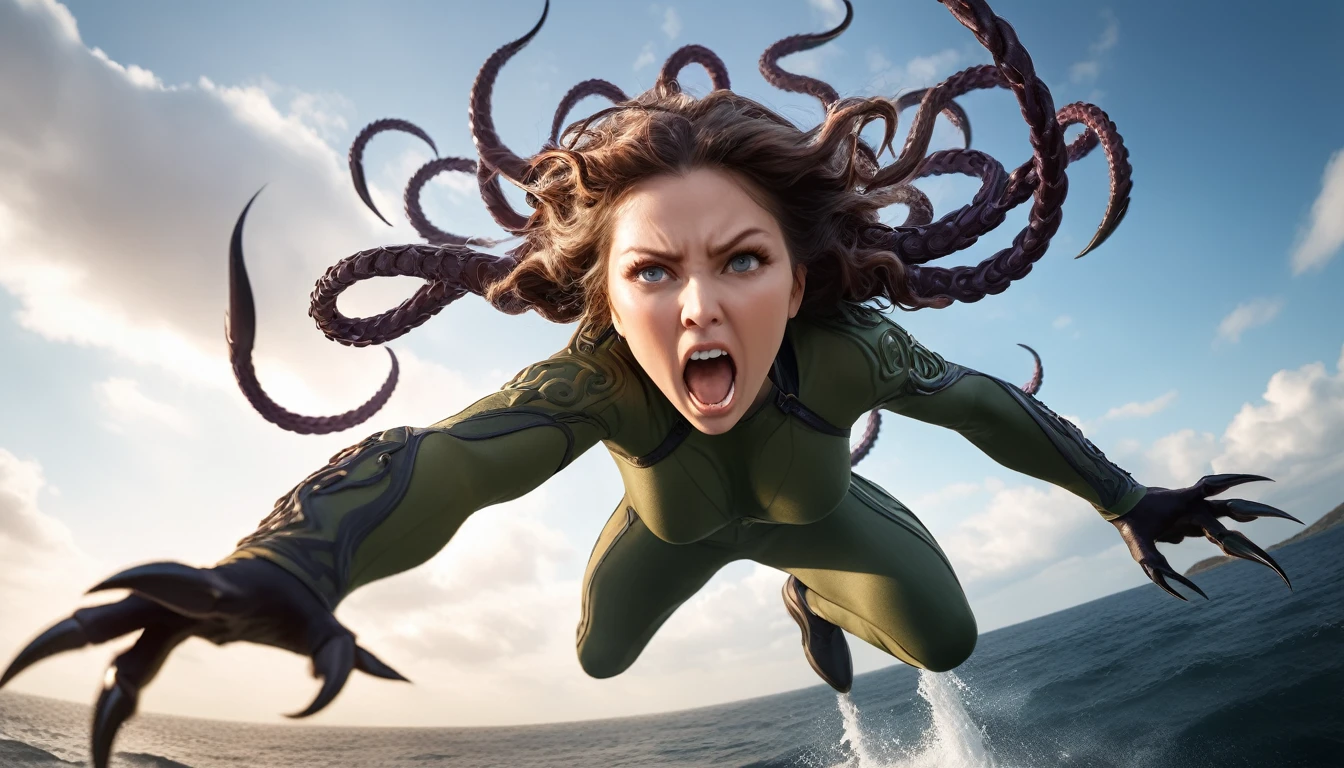 Realistic photos, RAW Photos, Medusa, attacks viewer, Powerful movements, jump on prey, ((Dynamic jump)), Sharp Claws, Medusa approaching from above, sudden approach, Bad-tempered, dynamic Shot from grand