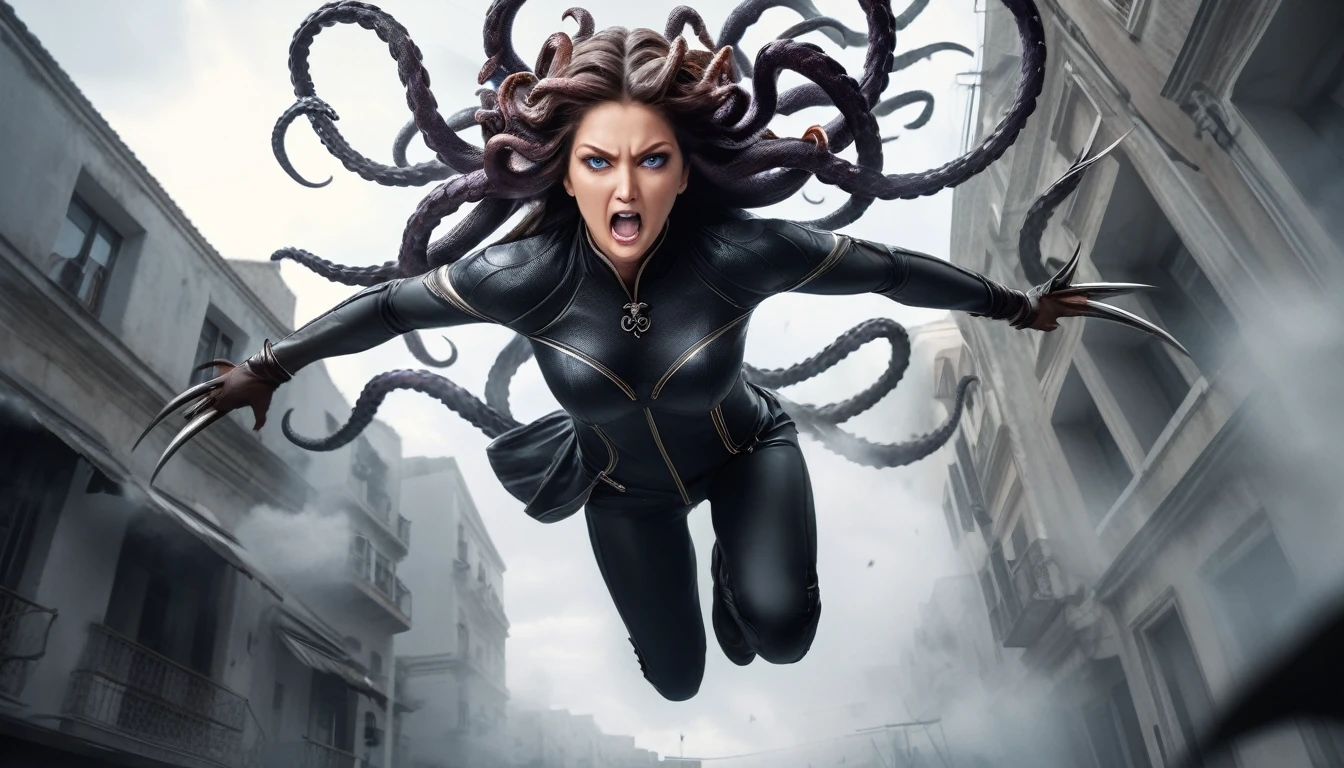 Realistic photos, RAW Photos, Medusa, attacks viewer, Powerful movements, jump on prey, ((Dynamic jump)), Sharp Claws, Medusa approaching from above, sudden approach, Bad-tempered, dynamic Shot from grand