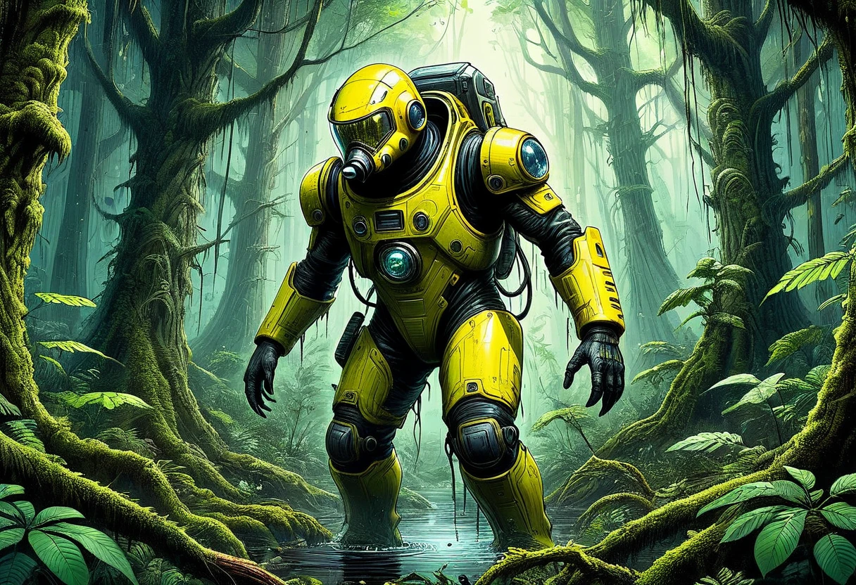 (((Masterpiece))) (((marked edges))) (((fully detailed))) toxic environment, Science fiction, temperate rainforest, 3 meter creature approaching between the trees, The creature wears a dim yellow anti-radiation suit., His face cannot be seen through the suit glass but you can see his bright eyes., suit a little torn on the left hand, left hand with claw fingers, giant creature