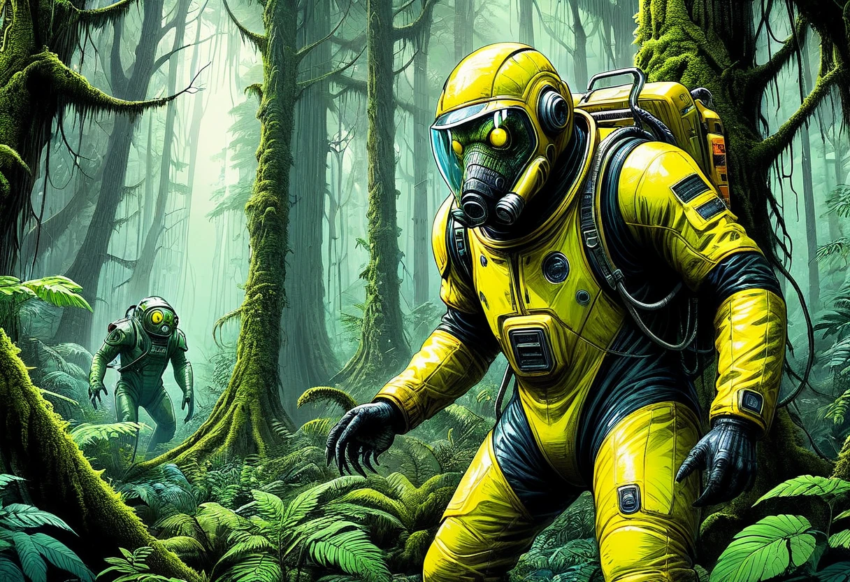 (((Masterpiece))) (((marked edges))) (((fully detailed))) toxic environment, Science fiction, temperate rainforest, 3 meter creature approaching between the trees, The creature wears a dim yellow anti-radiation suit., His face cannot be seen through the suit glass but you can see his bright eyes., suit a little torn on the left hand, left hand with claw fingers, giant creature