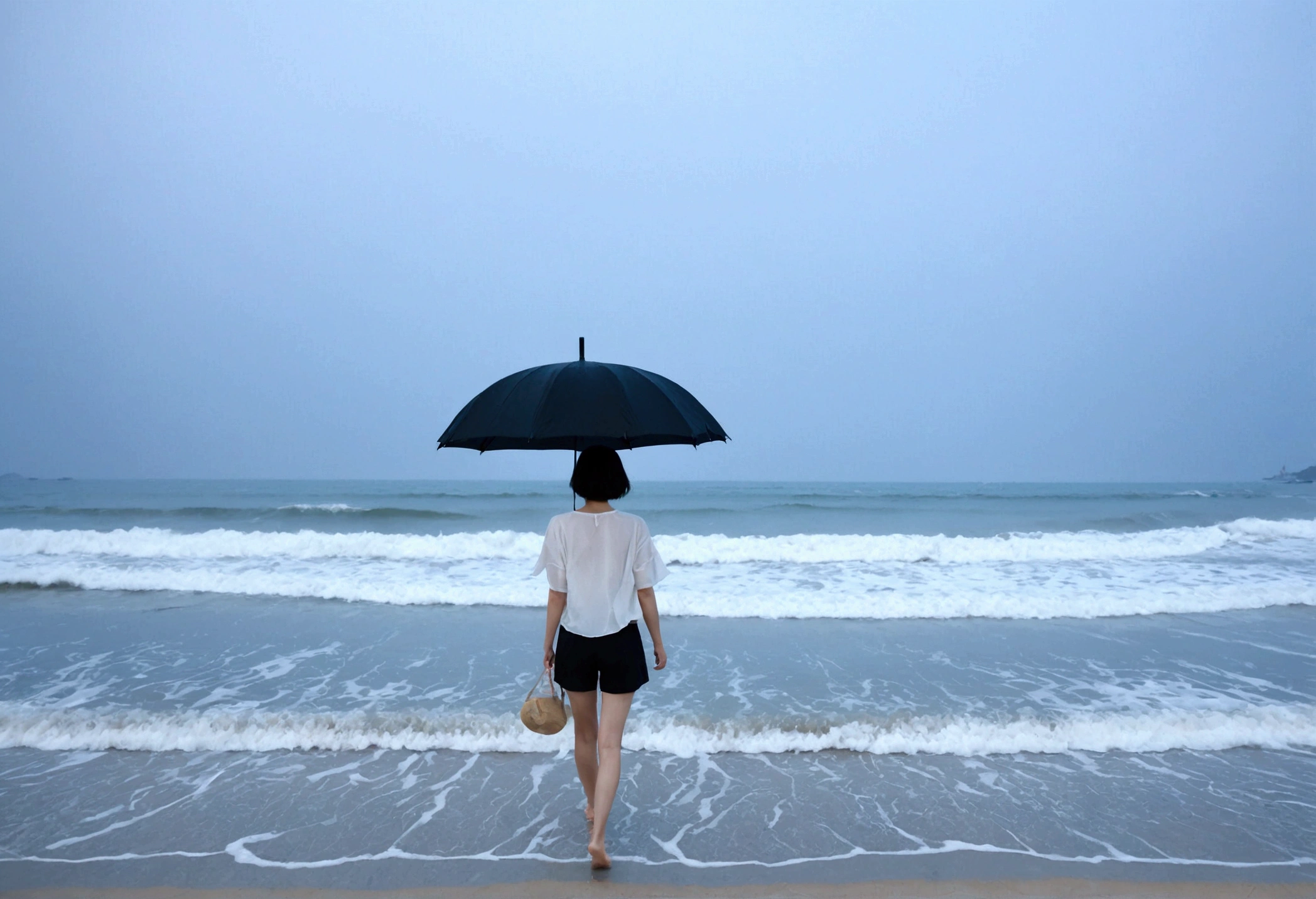 8k, Vivid picture quality, Vivid picture quality, long deserted beach, walking slowly from afar, short medium hair, beautiful appearance, Model-like body, sunset의 붉은 빛, sunset, alone, afternoon, depressed, tide가 밀려온다, rain, black umbrella, ocean, tide, wind, rain가 내리는, Short and slim Korean woman, tower, White shorts, rain가 내리는, walking on the beach with a black umbrella