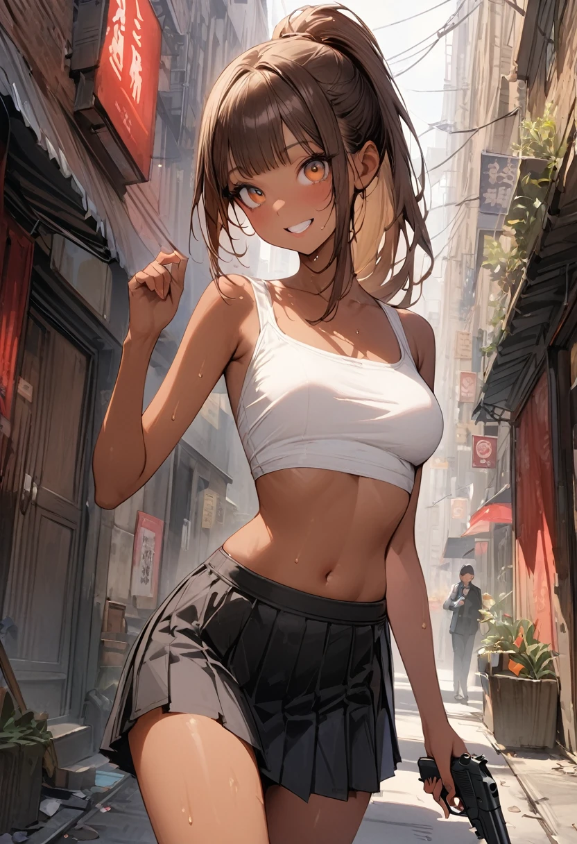 ((masterpiece,Highest quality:1.3,best quality illustration)),(realistic),cowboy shot,独奏,1woman,25 year old beauty,brown hair,ponytail hair,long hair,bangs,brown eyes,(gorgeous big eyes),((very small head:1.3)),smile,((very long body:1.2,skinny)),((tan skin:1.4)),medium breasts,Black leather double rider jacket、White tube top shirt、Black pleated skirt、Leg Holster、Holding a handgun in your hand,sweat:1.3,gleaming skin,slender body,Back Alley、New York City,
